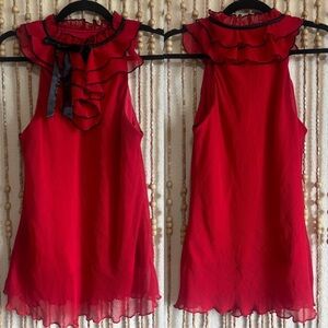 Y2K 2000s Vampy Corporate Romantic Goth Siren High Ruffle Neck Red Blouse Top XL